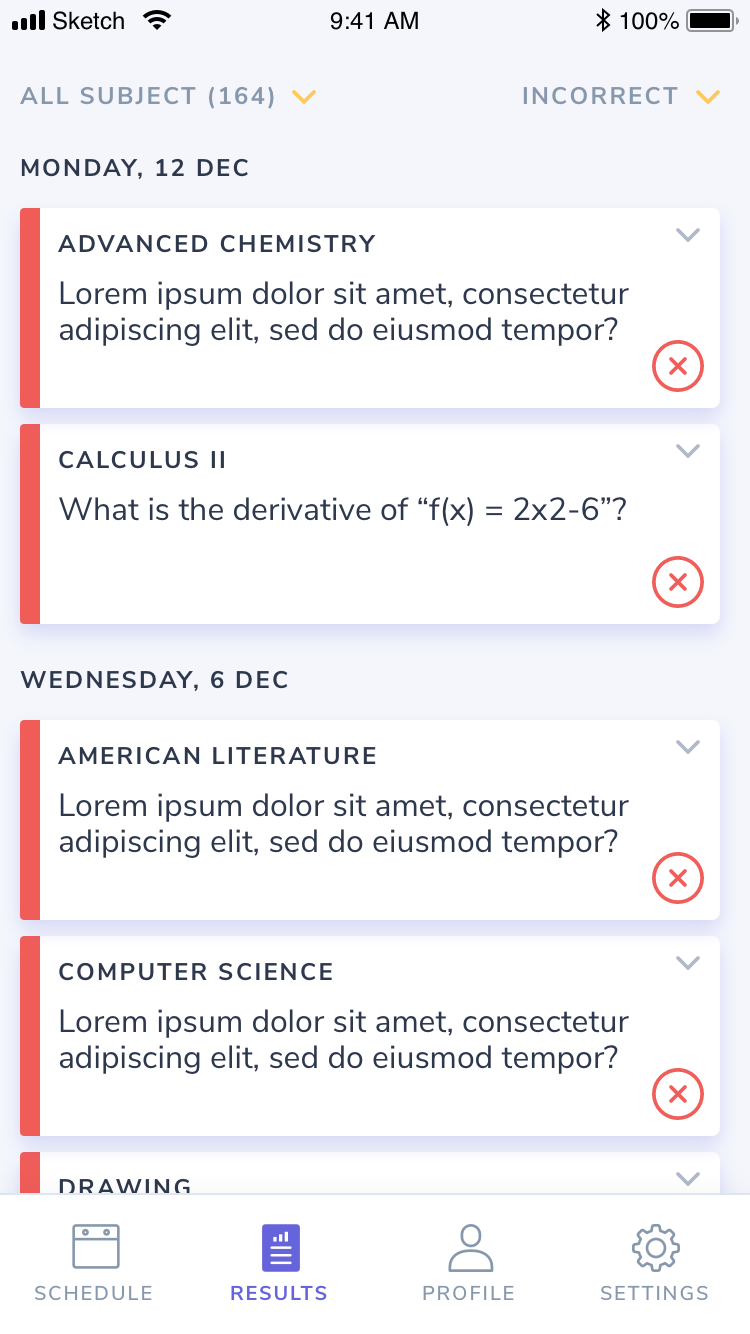 Incorrect responses view